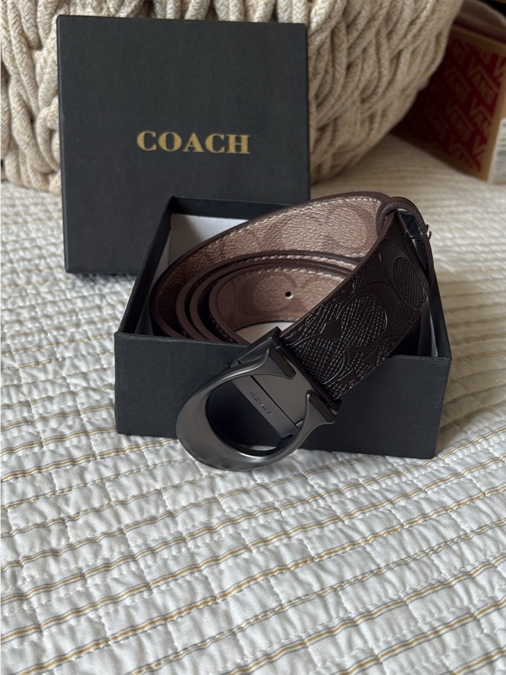 Coach Men's Dark Brown Signature Canvas Belt with Gunmetal Buckle